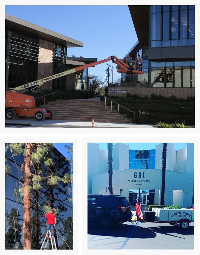 Prestige Window Cleaning job photos: lift work, ladder work, and the screen repair trailer